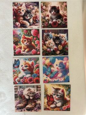 Set of 8 Cat Kitten Finished Diamond Art Paintings 6" x 6" Ready to Frame